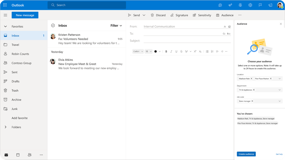 An image demonstrating how to target specific audiences with various checkboxes in Outlook on the web.