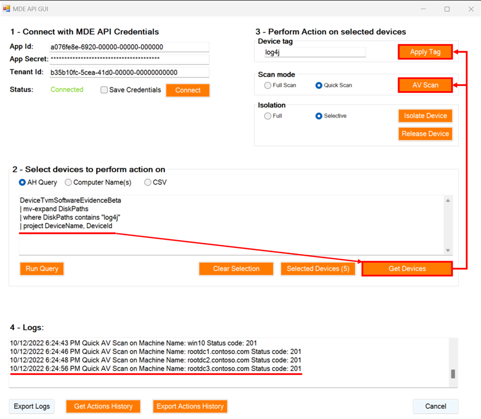 Figure 3: Performing actions on devices running vulnerable version of software