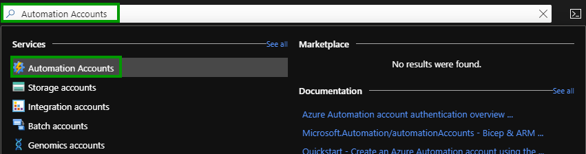 Azure Portal Search for Automation Accounts