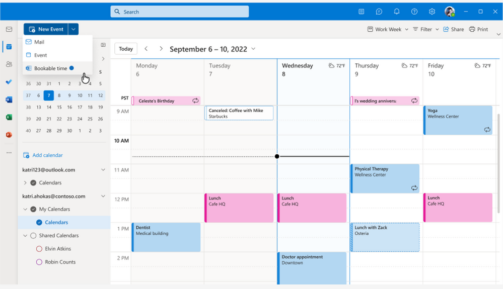 An image demonstrating where to find the Bookable time feature in Outlook on the web.