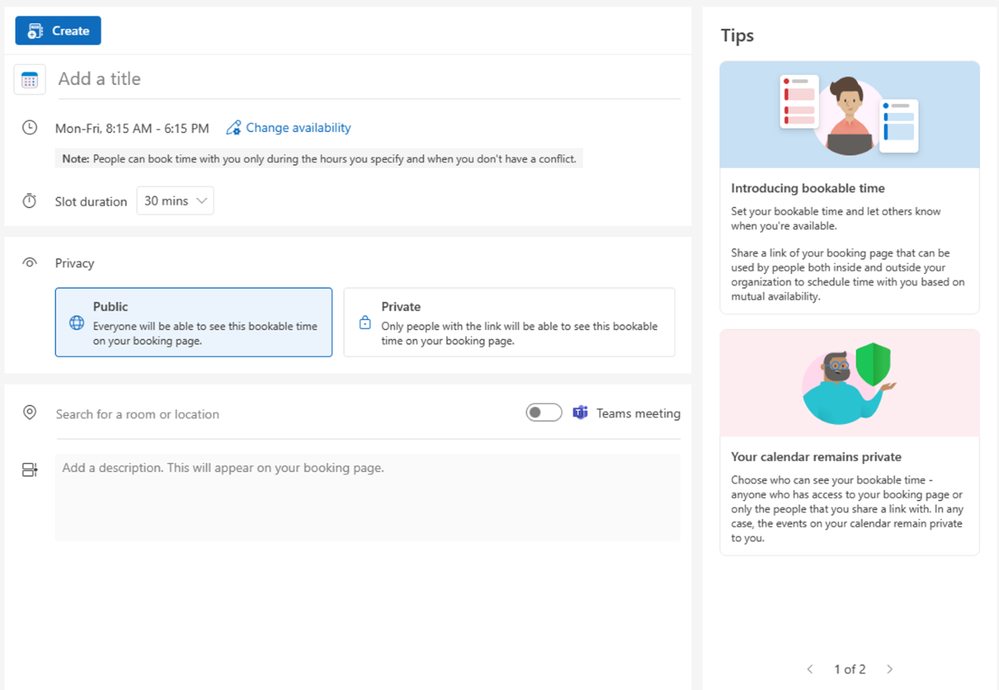 An image demonstrating how to change your meeting availability from Bookable time in Outlook on the web.