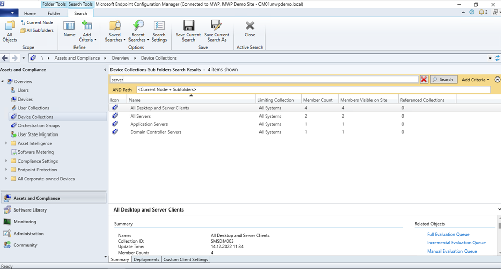 Snippet from Microsoft Endpoint Configuration Manager, Device Collection Search