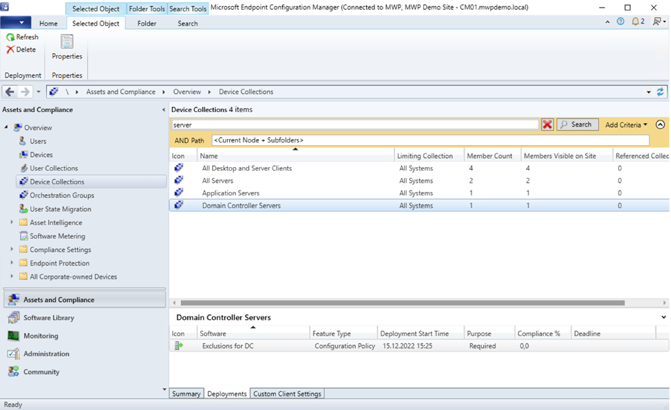 Snippet from Microsoft Endpoint Configuration Manager, Deployments for Domain Controller Servers Collection