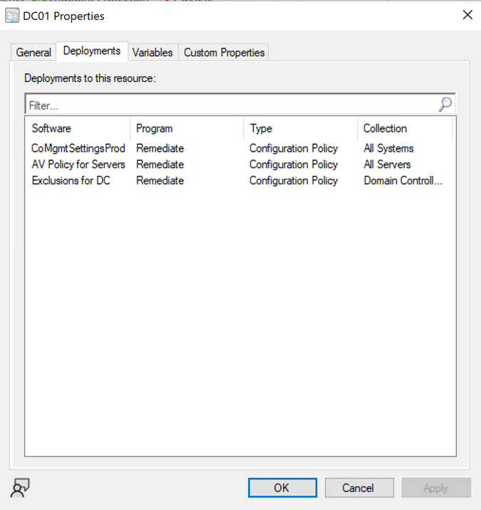 Snippet from Microsoft Endpoint Configuration Manager, Properties of a ConfigMgr Client, Deployments tab