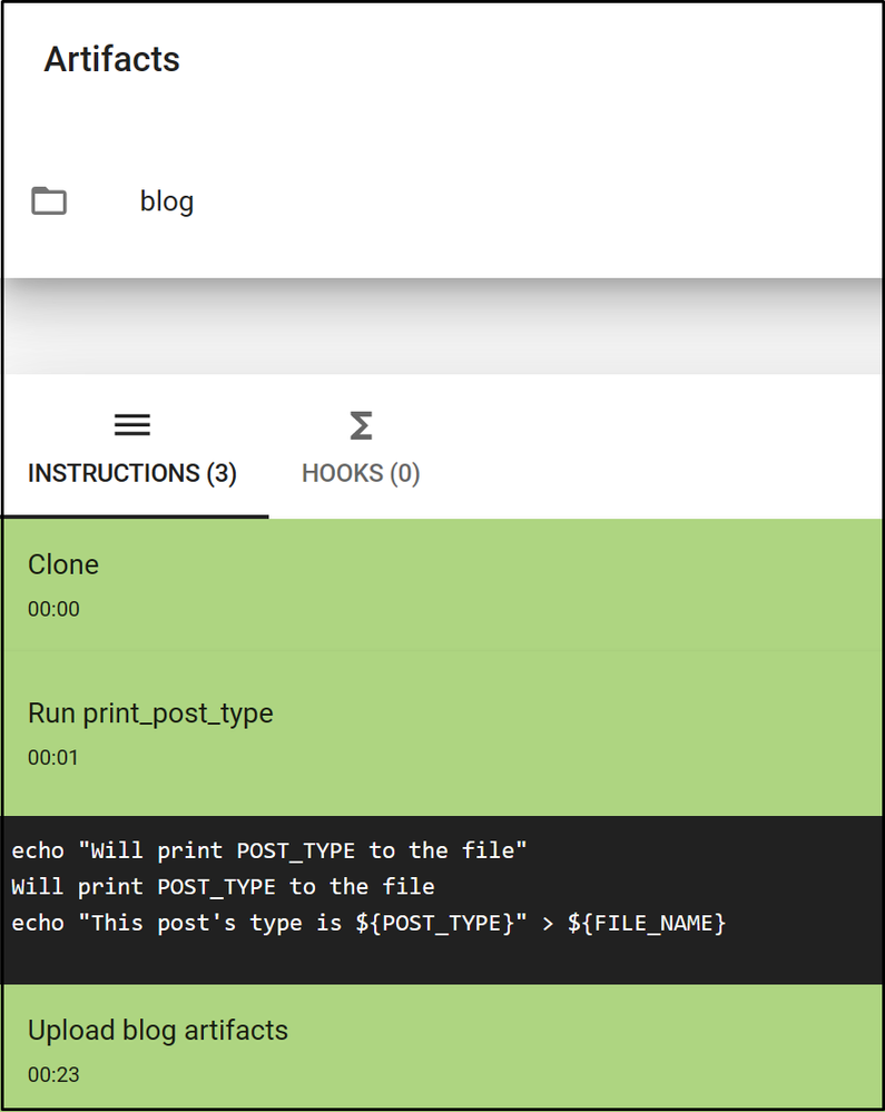 Figure 1: Screenshot of the Cirrus CI task run page. You can see that it run script and artifacts instructions correctly.