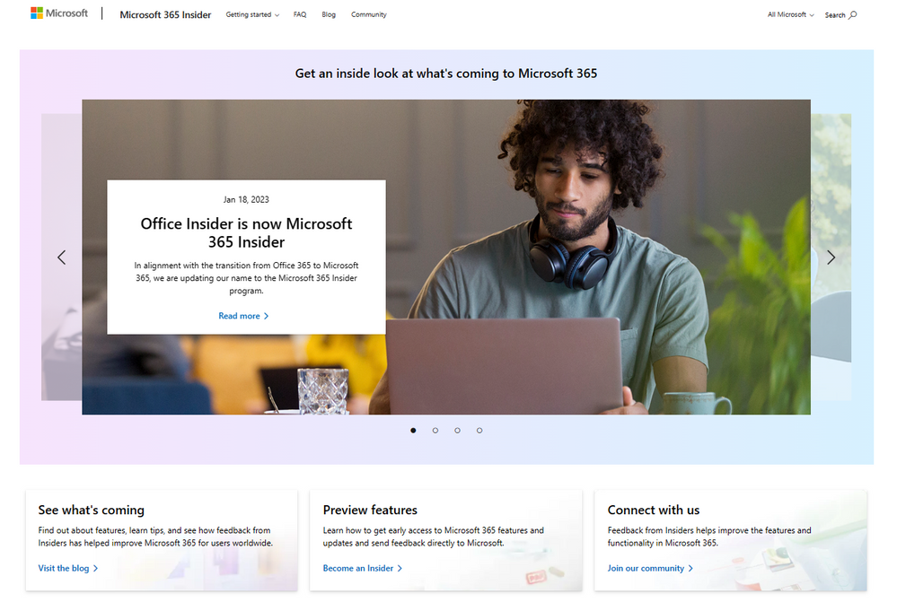 An image demonstrating the new homepage of the Microsoft 365 Insider website.