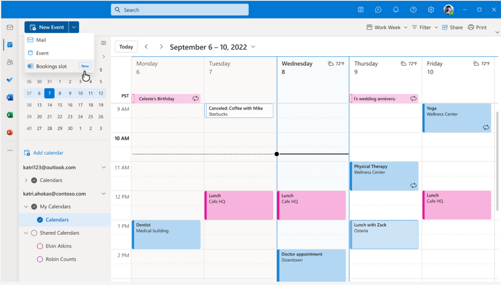 An image demonstrating how to book a 1:1 meeting via Bookings in Outlook on the web.