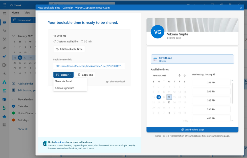 An image demonstrating how to share your bookable time once the event has been created in Bookings in Outlook on the web.
