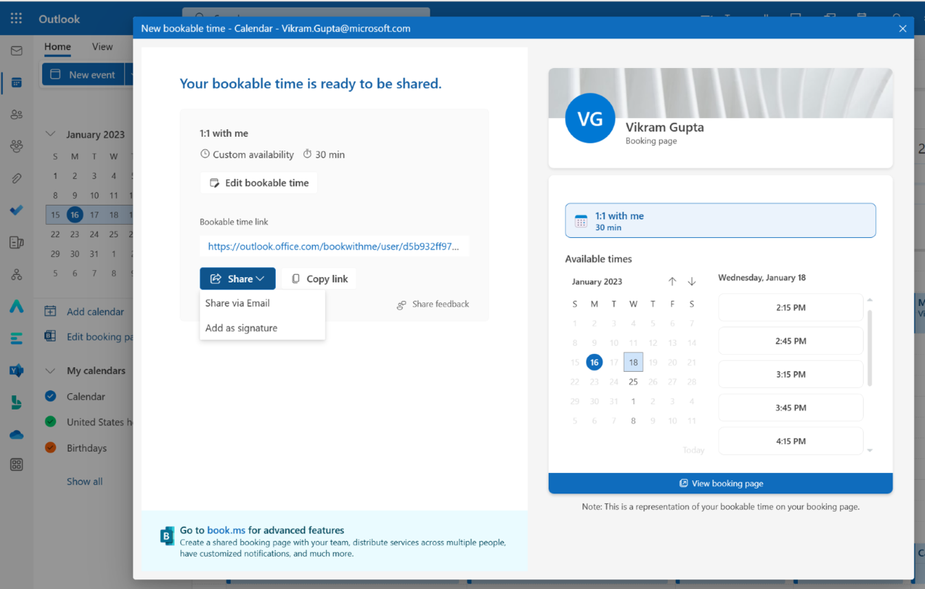 Set aside time for 1:1 with Microsoft Bookings in Outlook!