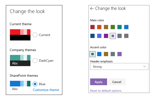 You can now apply additional color with Header emphasis when you change the look of your SharePoint site.