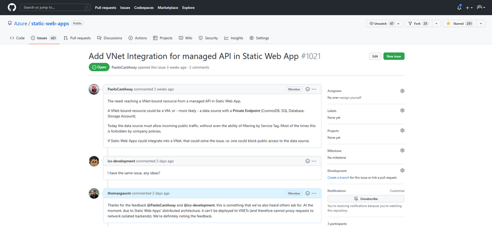 A screenshot of a GitHub issue asking how to integrate Static Web Apps with network-isolated backends