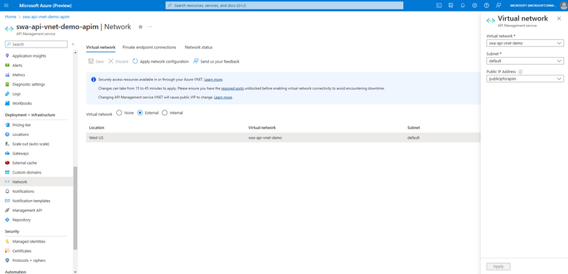 A screenshot of the portal for API Management network configuration