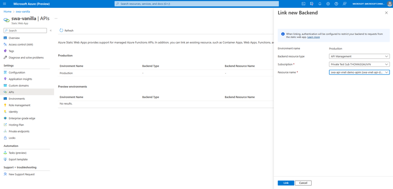 A screenshot of the Portal, linking the API Management instance to the Static Web App resource as a backend