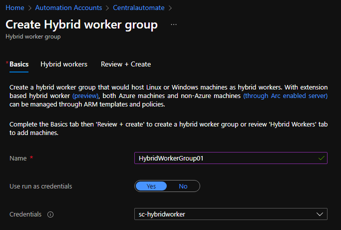 Create Hybrid Worker Group Wizard