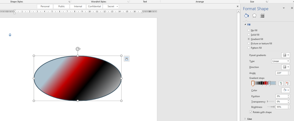 Note the Format shape panel, the Gradient stops and Angle options.