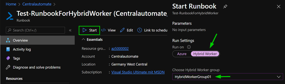Azure Portal - Start Runbook Wizard
