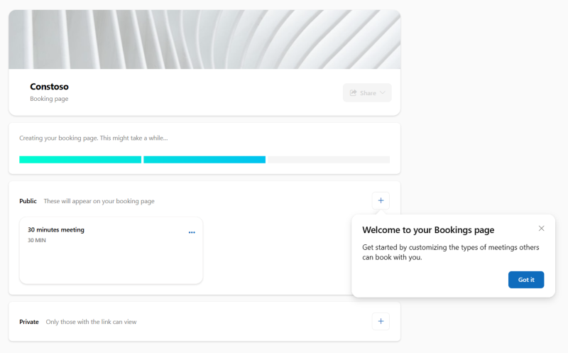 An image demonstrating the starting page to begin setting up a Booking page in BookwithMe from the outlook.office.com/bookwithme website.