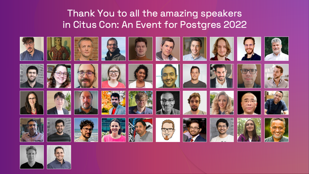 Figure 2: Bio pics of all 42 speakers in the inaugural Citus Con: An Event for Postgres, from April 2022.