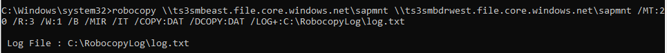 Example:  	Robocopy command to replicate data between two SMB on Azure Files storage