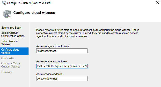 Update cloud witness with DR storage account name and secret key