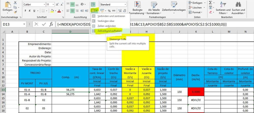 unmerge cells in sheet REDE COLETORA DE ESGOTO.JPG