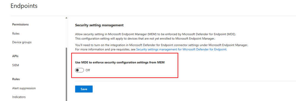 Snippet from Microsoft Defender for Endpoint, Settings - Endpoints - Configuration Management View