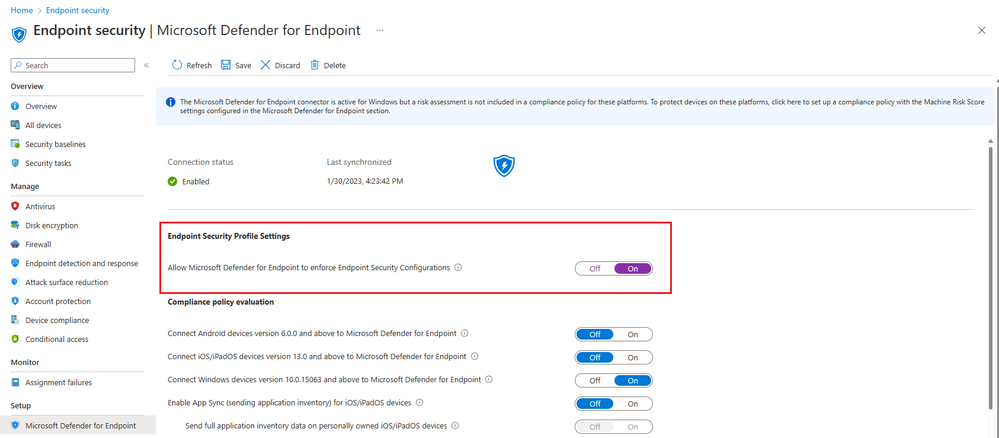 Snippet from Microsoft Intune, Endpoint Security Node, Microsoft Defender for Endpoint View