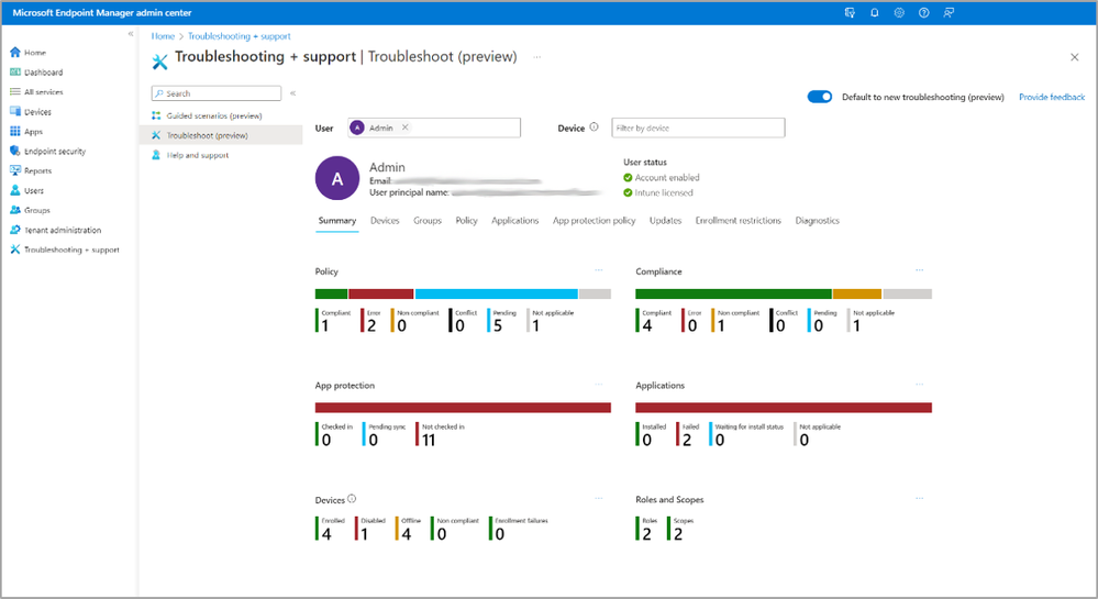 A screenshot of the summary data for a selected user in the Troubleshooting preview pane.