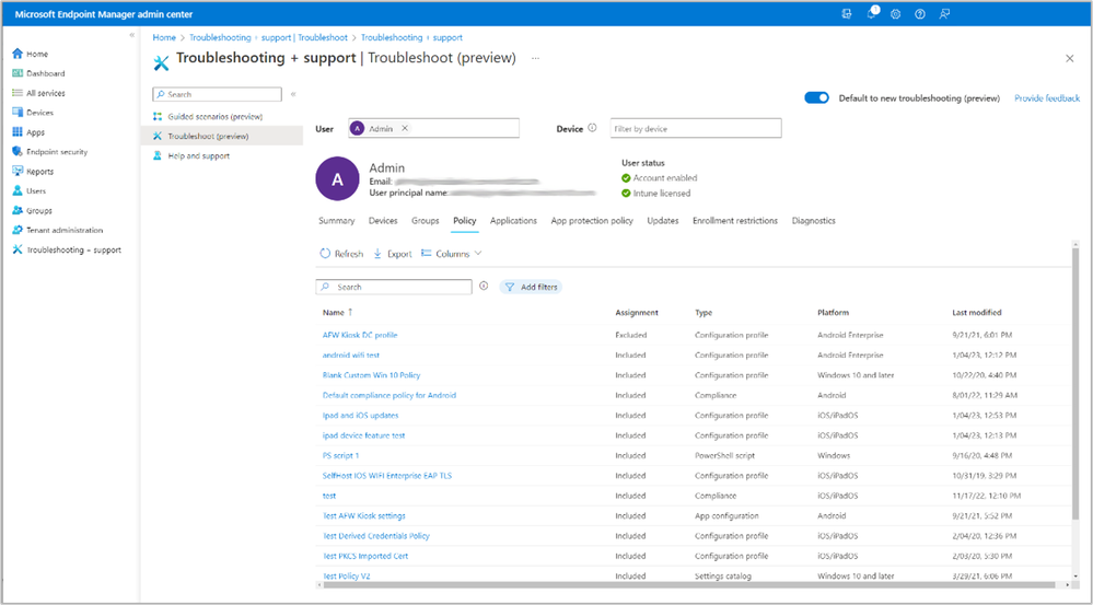 A screenshot of the Policy tab in the Troubleshooting preview pane.