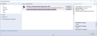 Visusal Studio D365 F&O extension version detail