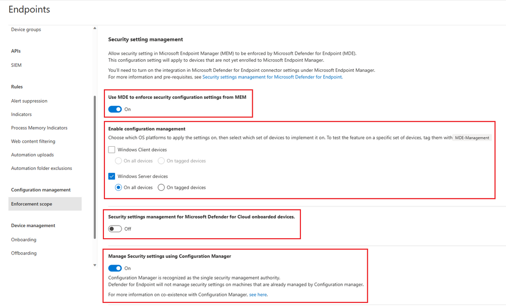 Snippet from Microsoft Defender for Endpoint, Settings - Endpoints - Configuration Management Node, Enforcement Scope View