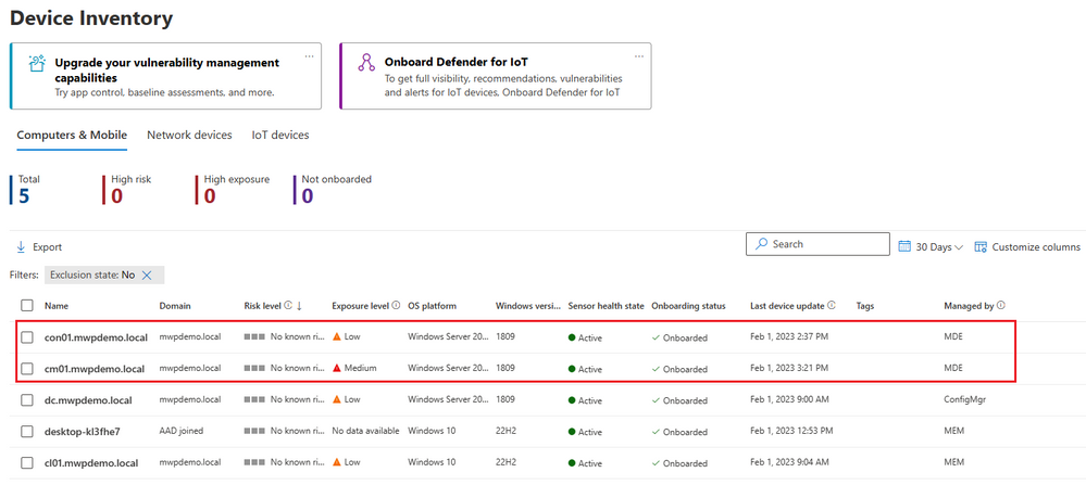 Snippet from Microsoft Defender for Endpoint, Assets Node, Device Inventory View