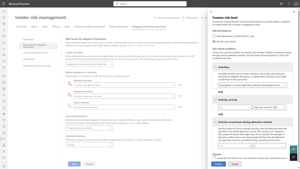 Figure 2 Admins can configure the risk levels for Adaptive Protection in Insider Risk Management