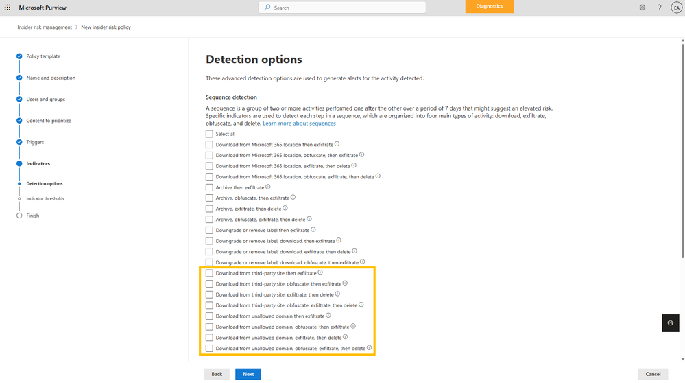 Figure 1 Adding sequences that start with downloading from third-party sites in an Insider Risk Management policy