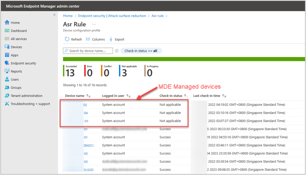 A screenshot of an example Check-in status report with Defender for Endpoint managed devices highlighted.