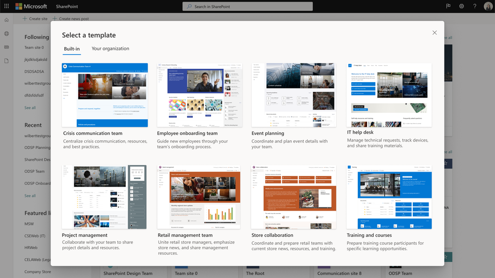 SharePoint site template gallery