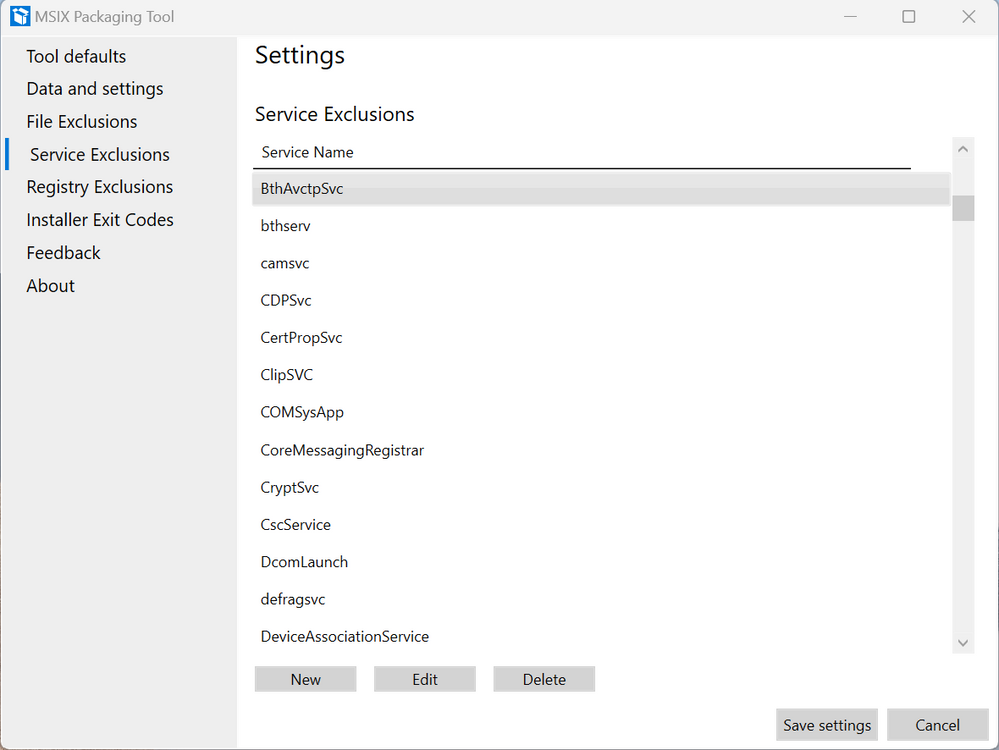 Screenshot of the MSIX packaging tool’s ‘Service Exclusions’ tab