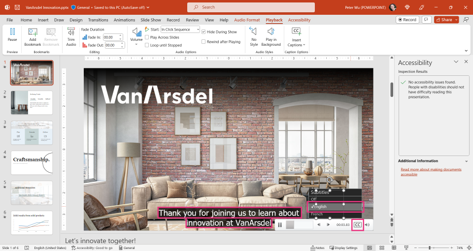Closed captions for embedded audio in PowerPoint