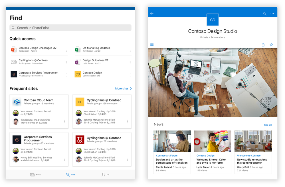 On the left, the new SharePoint mobile app Find tab as seen on an iPad, and on the right, the home page experience when you click into a SharePoint team site.