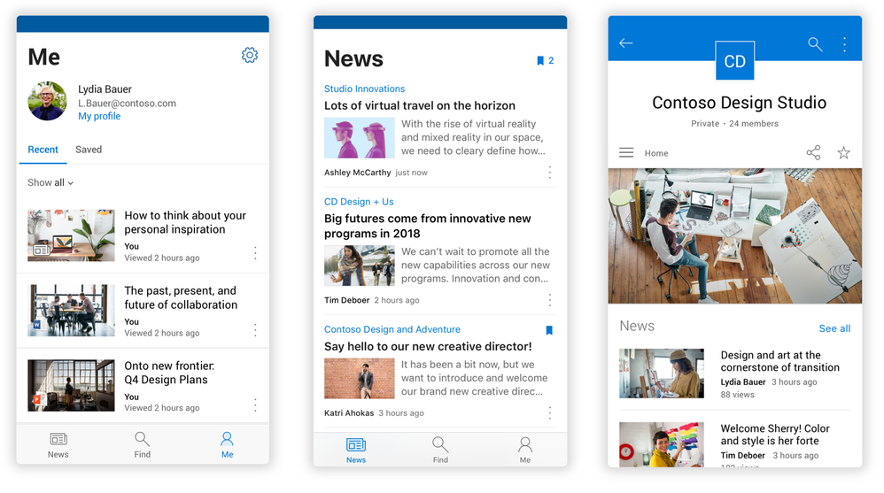 Updated views on several experiences within the SharePoint mobile app. From left-to-right: the Me tab on an Android device, 2) the News tab an Android device, and 3) a SharePoint team site on an iPhone.