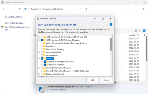 Enabling Hyper-V in the Windows Features dialog box