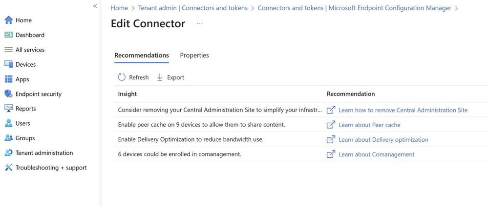 Recommendations and insights to enrich the Configuration Manager site health and device management