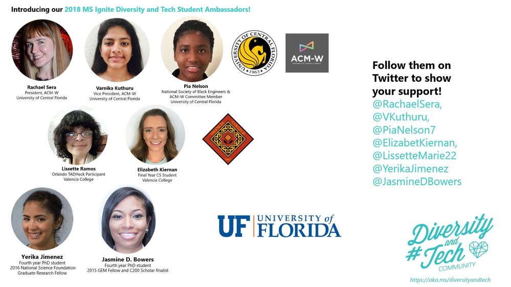 Say hello to our 2018 Diversity and Tech Student Ambassadors from UF, UCF and Valencia College! They'll be at #MSIgnite all week so be sure to schedule Idea Swaps with them!