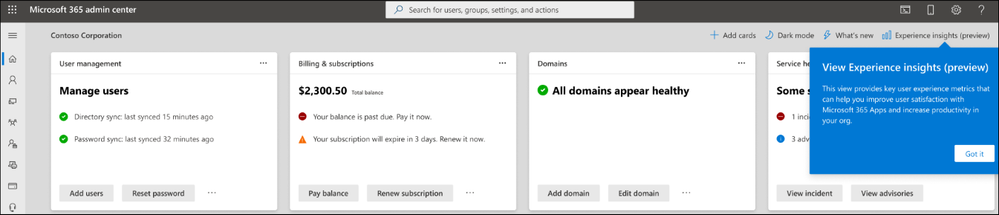 An image demonstrating how to view Experience insights (preview) in the Microsoft 365 admin center.