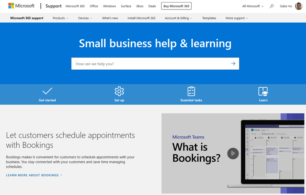 An image demonstrating the homepage of the Small business help & learning site.