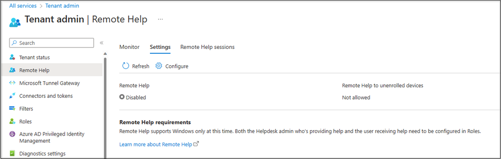 Snippet from Tenant Administration - Remote Help View