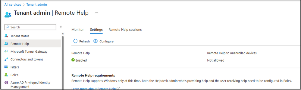 Snippet from Tenant Administration - Remote Help View