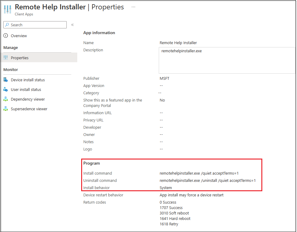 Snippet from Intune Application Properties for Remote Help Application