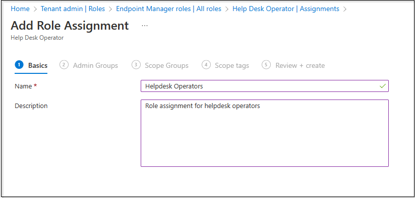 Snippet from Add Role Assignment Wizard for Help Desk Operator Role, Naming Assignment