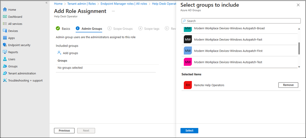 Snippet from Add Role Assignment Wizard for Help Desk Operator Role, Group Selection